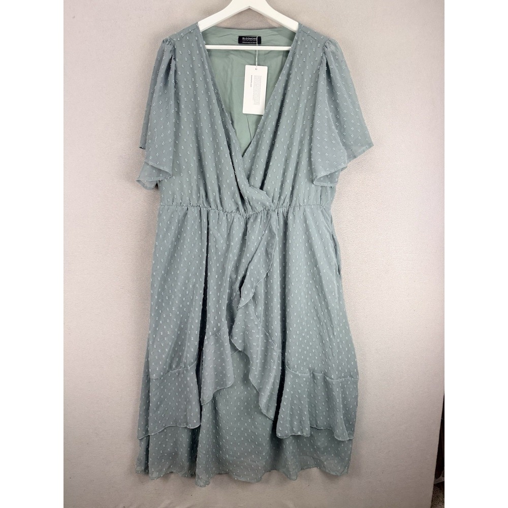 Bloomchic Women's‎ Plus Sz 18-20 Sage Green Swiss Dot Tiered Ruffle V Neck Dress